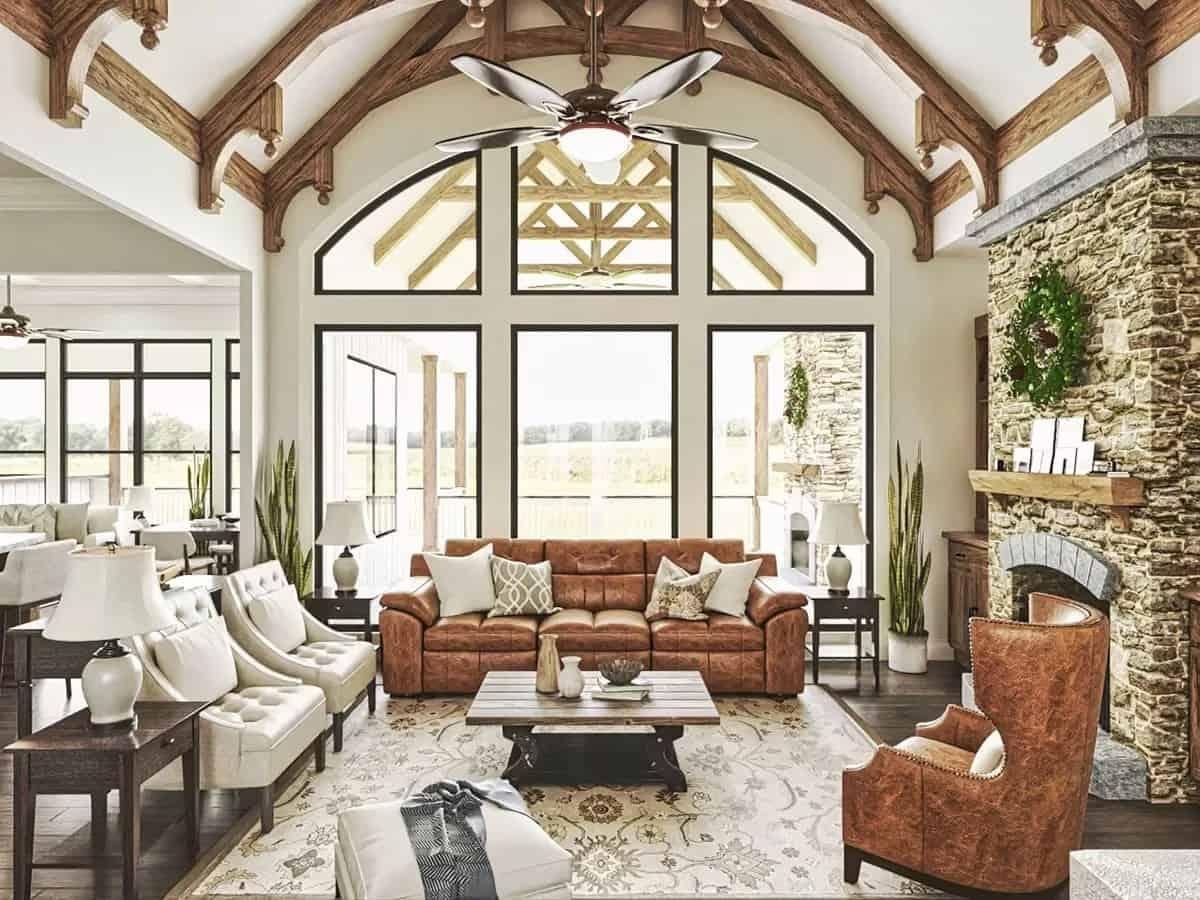 Marvel at the Exposed Wood Beams in This Soaring Great Room