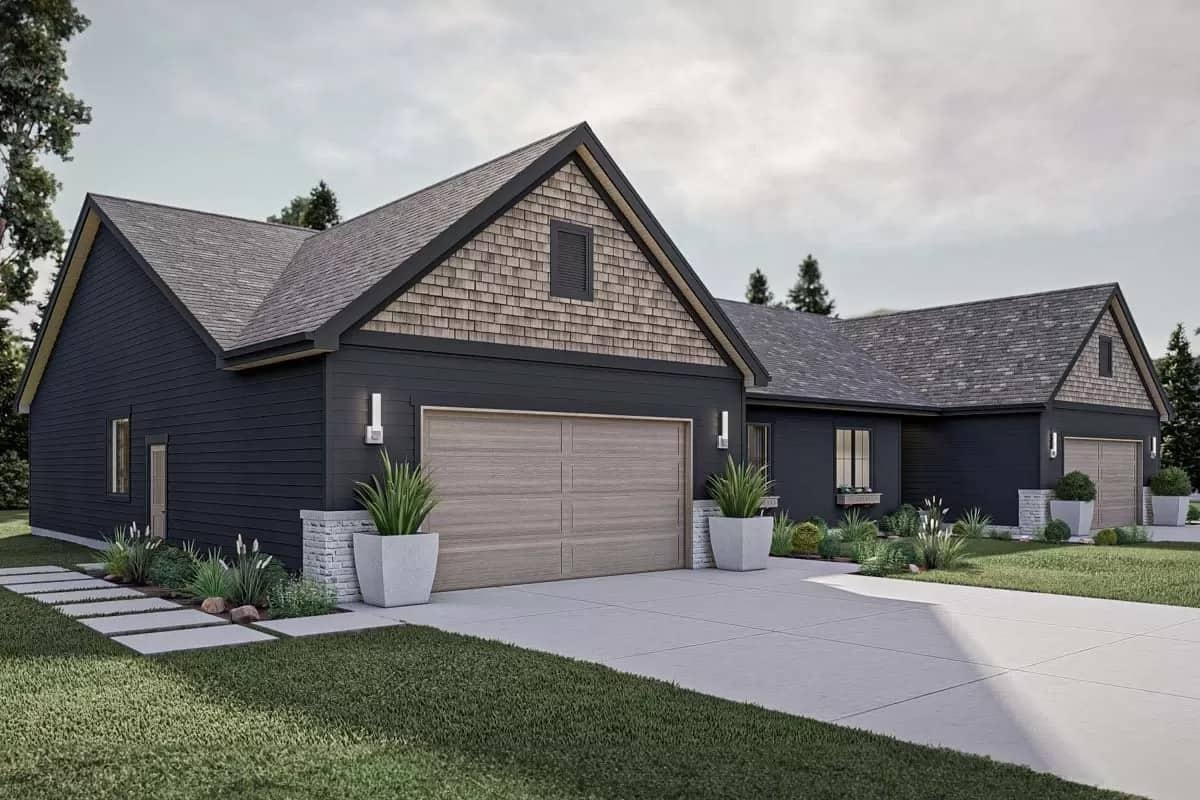 Dark Facade Complemented by Natural Wood Accents