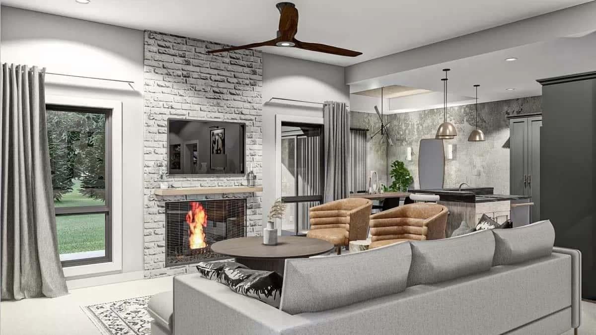 Chic Living Area Featuring a Rustic White Brick Fireplace