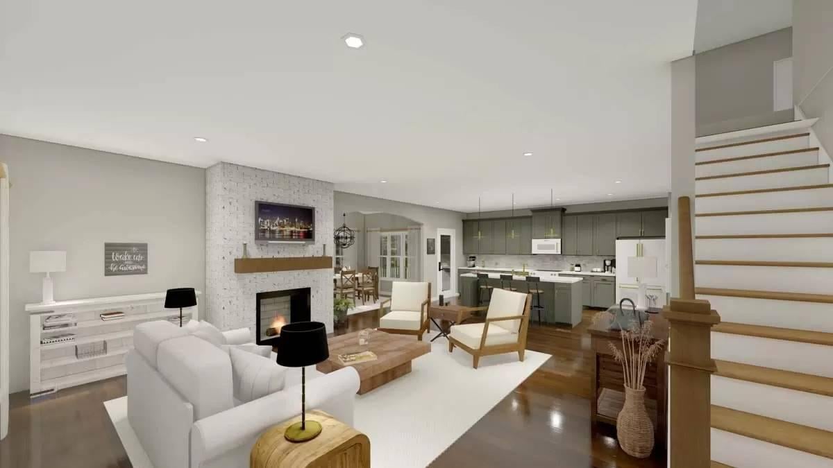 Modern Living Room with Striking Fireplace and Open Kitchen Space