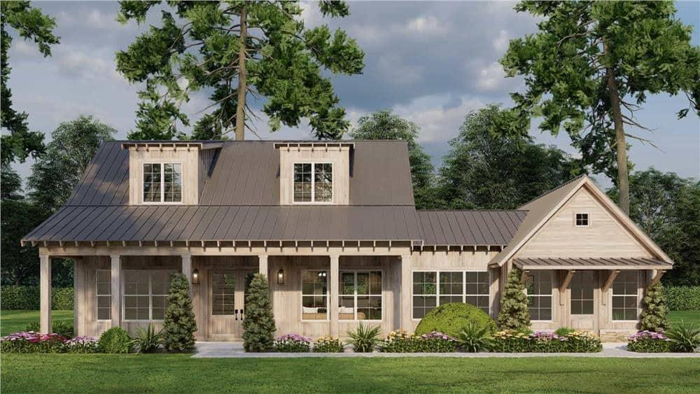 Charming Farmhouse Facade with Rustic Wood Details and a Metal Roof