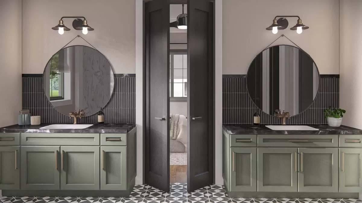 Double Vanity Delight with Stylish Round Mirrors and Green Cabinets