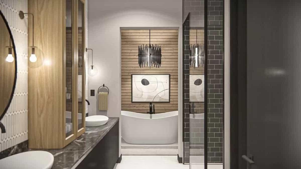Sophisticated Bathroom with Freestanding Tub and Vertical Wood Paneling
