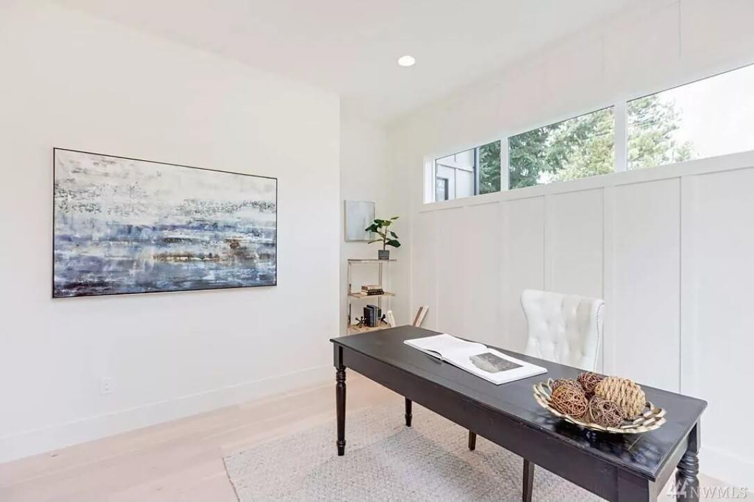 Minimalist Home Office with Large Abstract Art Piece
