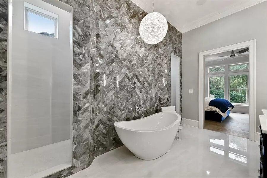 Luxurious Soaking Bathtub Against a Stunning Textured Wall