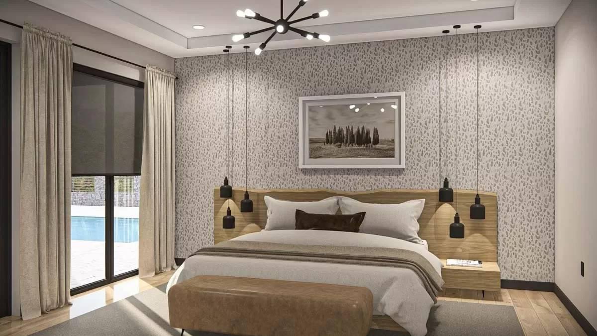Subtle Drama in the Bedroom with Statement Lighting and Textured Wallpaper