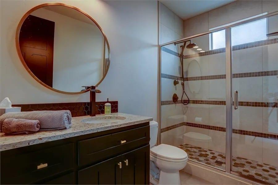 Check Out the Honeycomb Tiles in This Stylish Bathroom