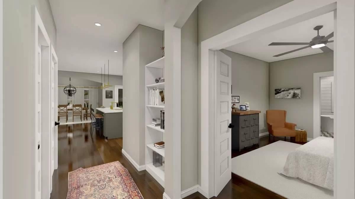 Effortless Flow in a Hallway with Built-In Shelving