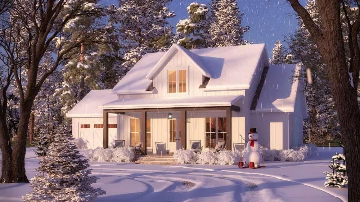 Snow-Covered Charm with a Classic Gable Roof and Inviting Porch