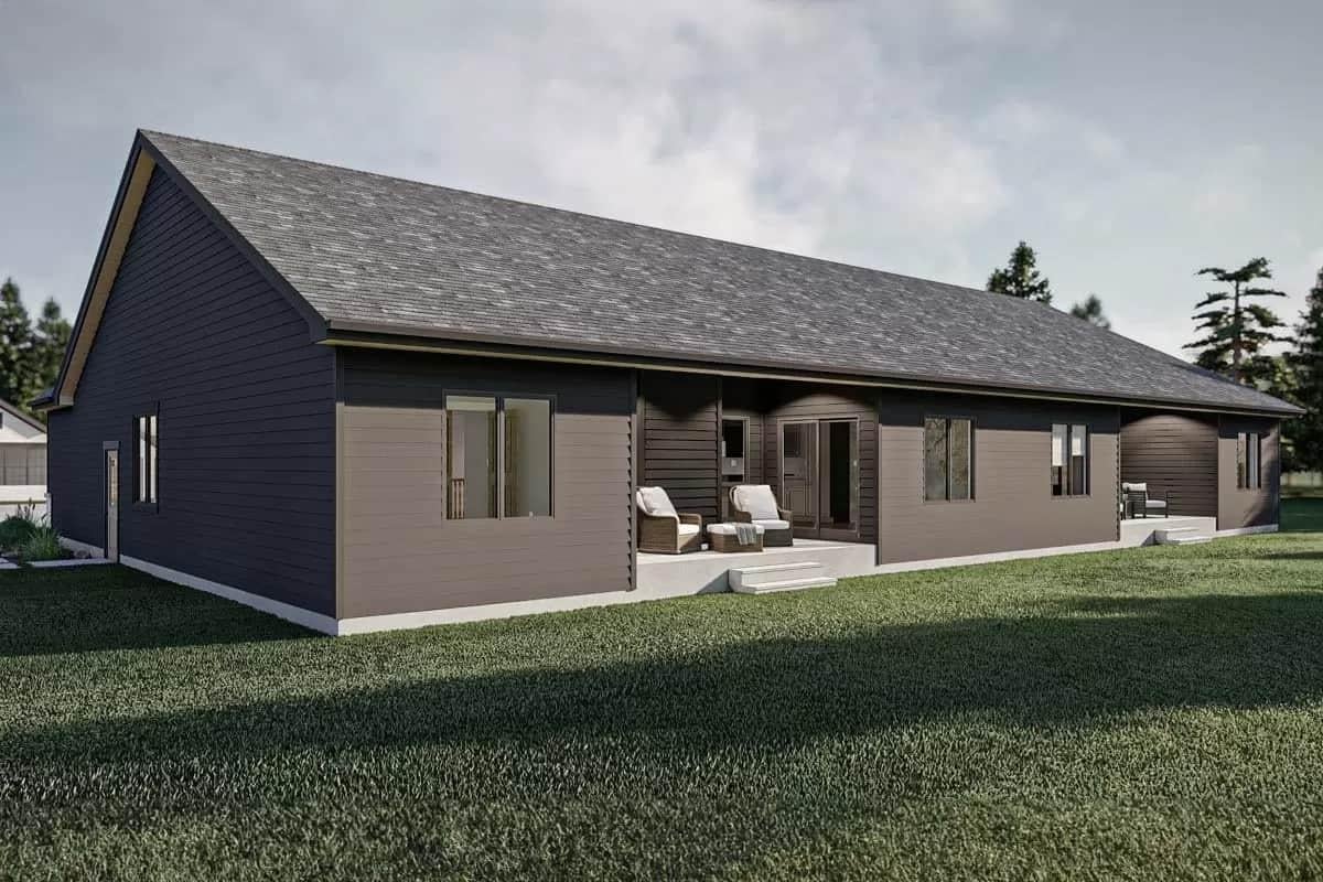 Simple Backyard Retreat with Dark Siding and Patio Seating