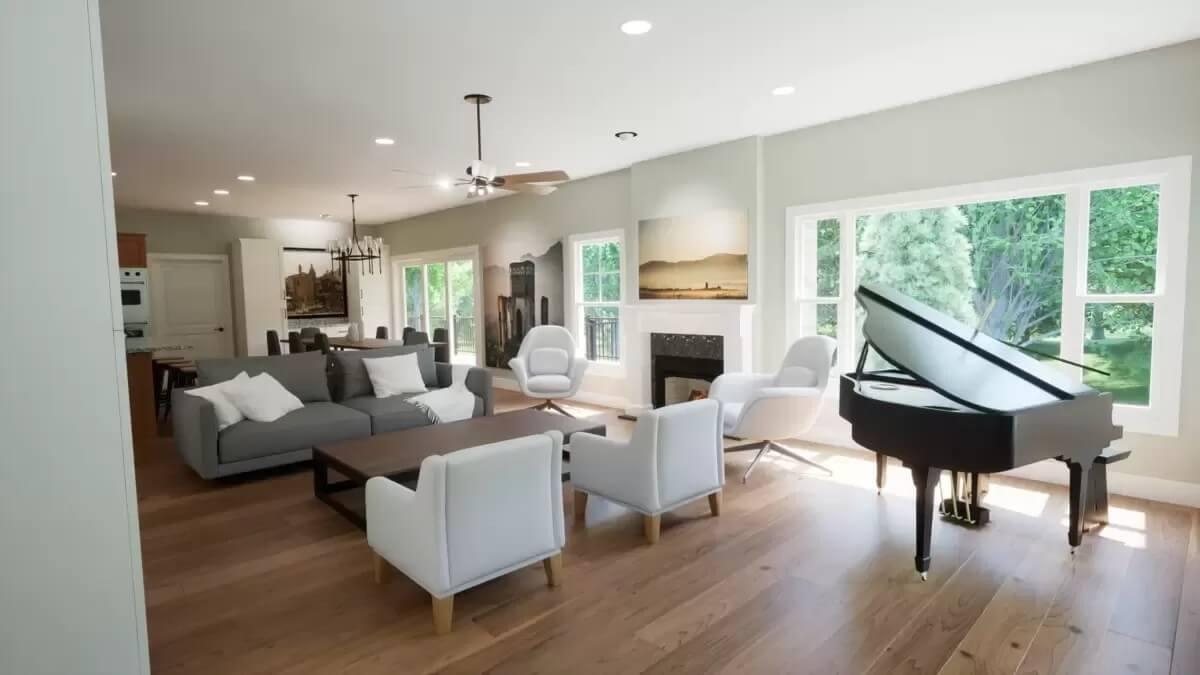 Spacious Living Room with a Grand Piano and Scenic Views