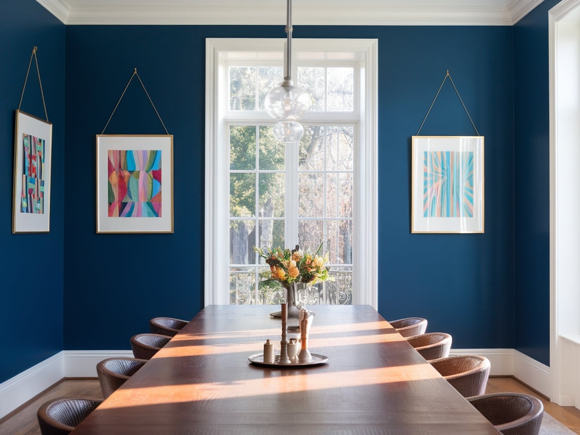 1. Bold Blue Dining Room with Contrasting Accents