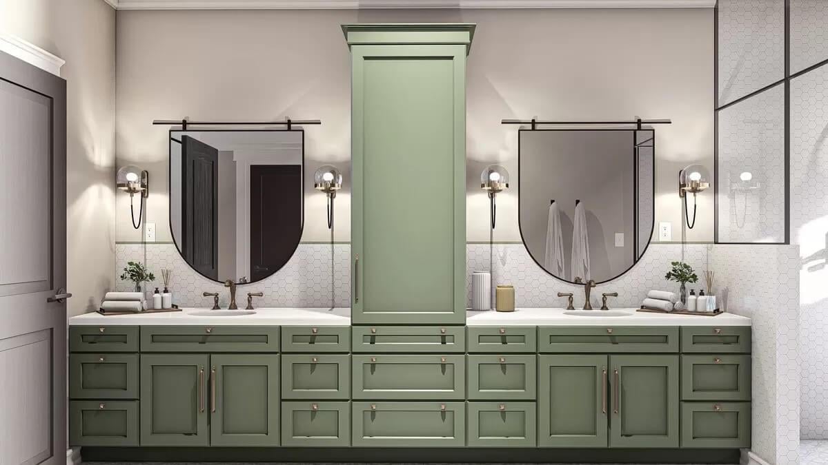 Elegant Bathroom with Double Oval Mirrors and Sage Accents