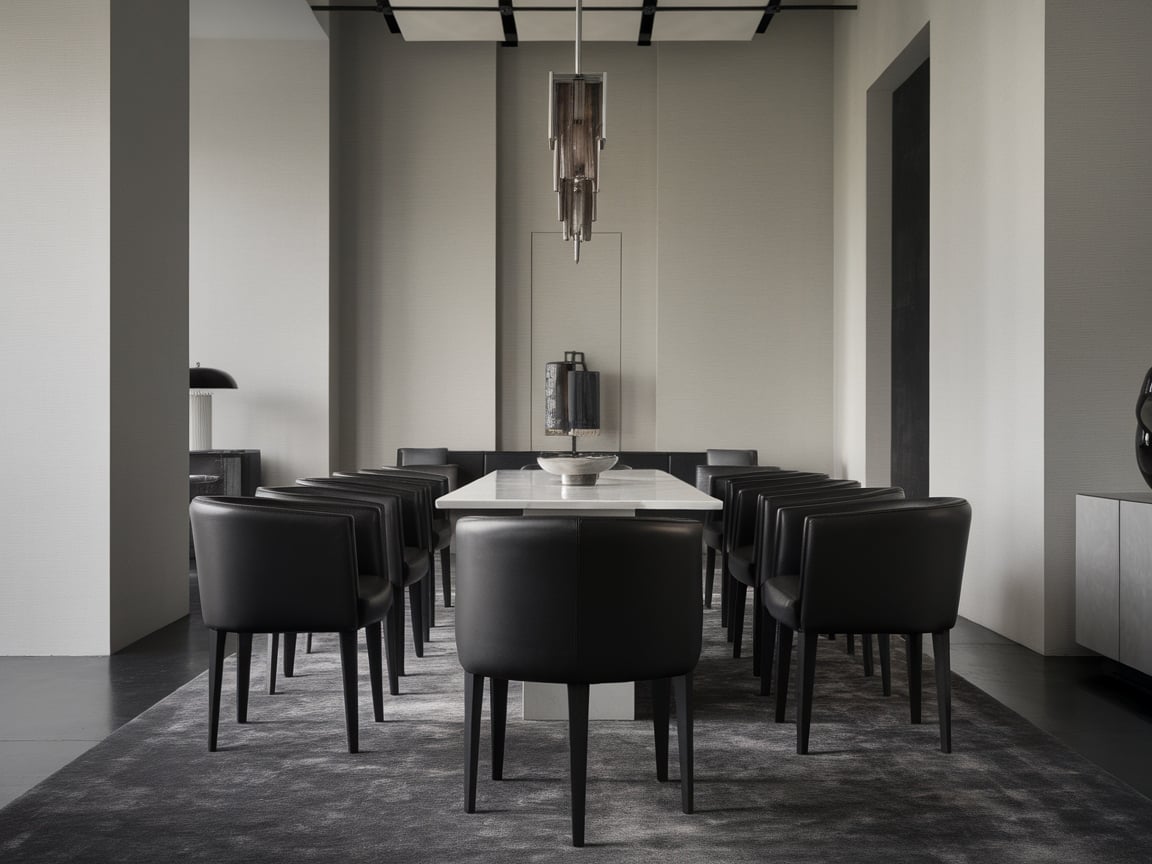 15. Monochrome Dining Room with Black Leather Chairs