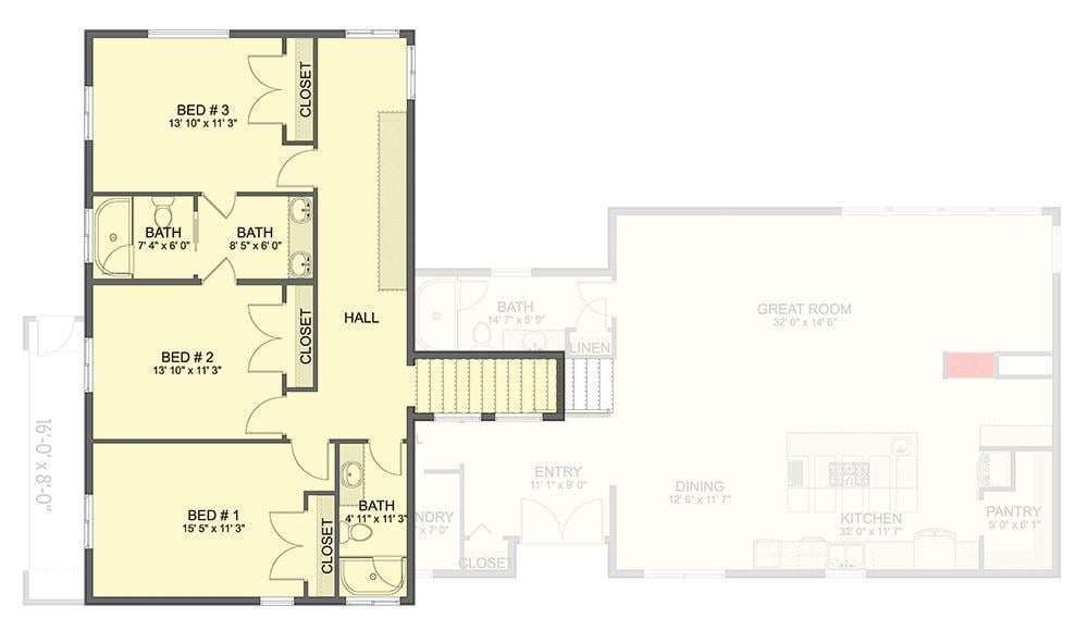 Upper Floor Layout with Convenient Three-Bedroom Setup