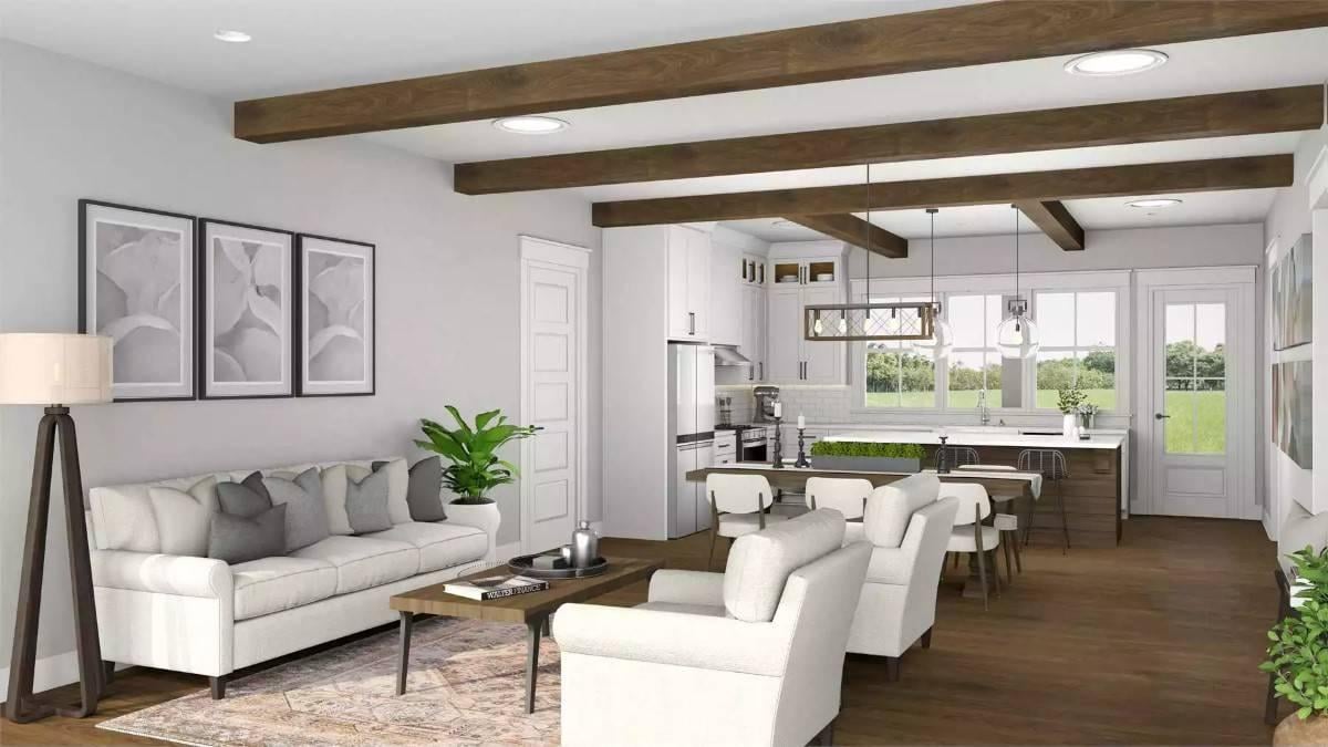 Thoughtful Exposed Beams Add Warmth to This Open-Concept Living Space