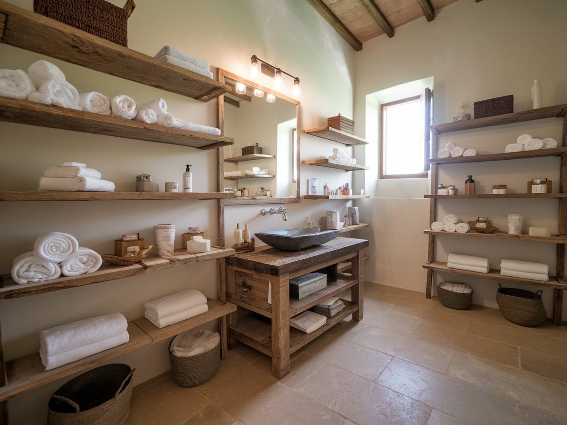 8. Rustic Open Shelving in a Farmhouse Bathroom
