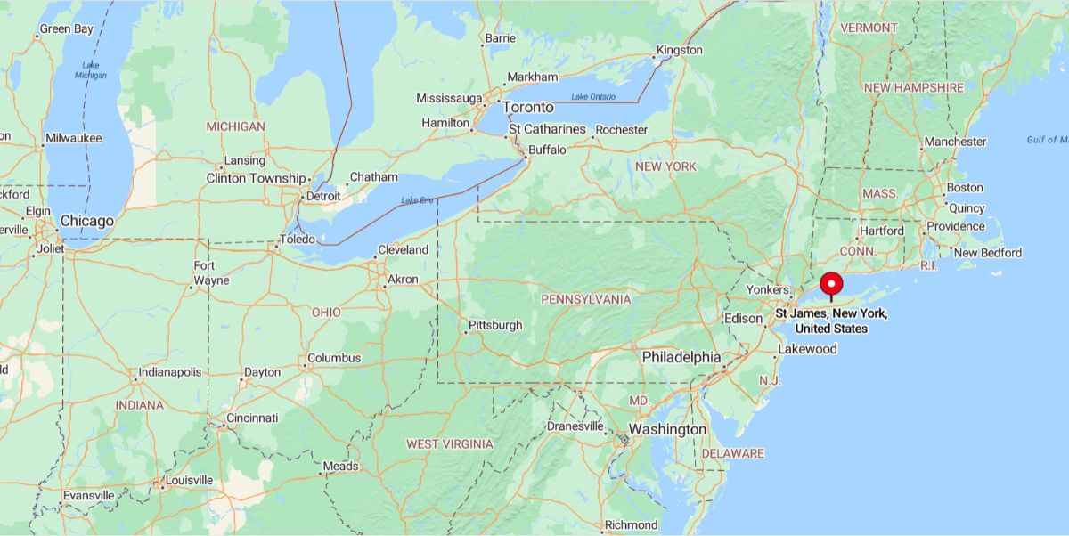 Saint James, NY, is a hamlet in Suffolk County on Long Island, located about 55 miles east of New York City and just north of the town of Smithtown.