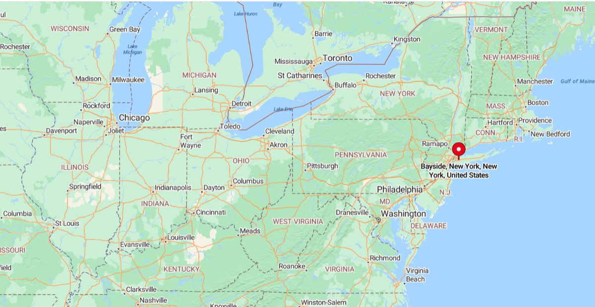 Bayside, NY, is a neighborhood in northeastern Queens, New York City, located about 13 miles east of Midtown Manhattan.