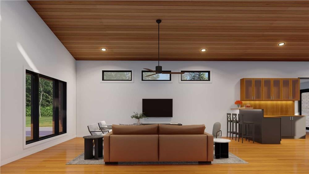 Notice the Wood Ceiling and Sleek Lighting in This Open Living Room