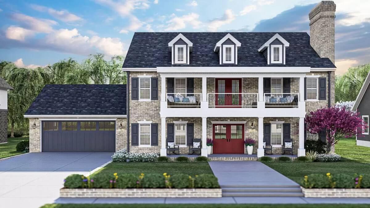 Colonial Revival with a Vibrant Red Door and Dormer Windows