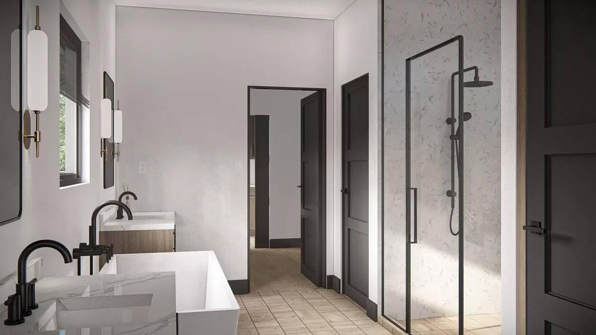 Sleek Bathroom with Dramatic Black Fixtures and Double Vanity
