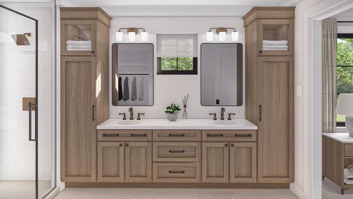 Modern Bathroom Showcase with Twin Sinks and Subtle Wood Grain Cabinets