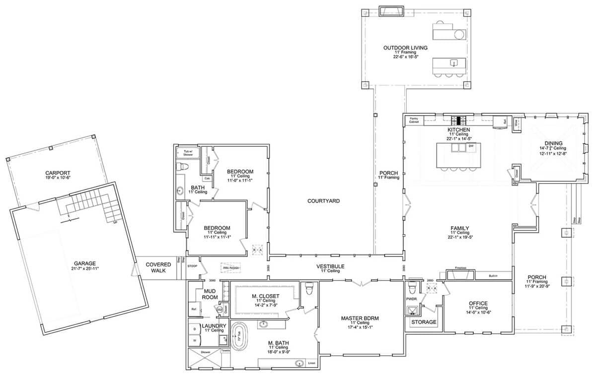 Expansive Floor Plan with Central Courtyard and Practical Layout