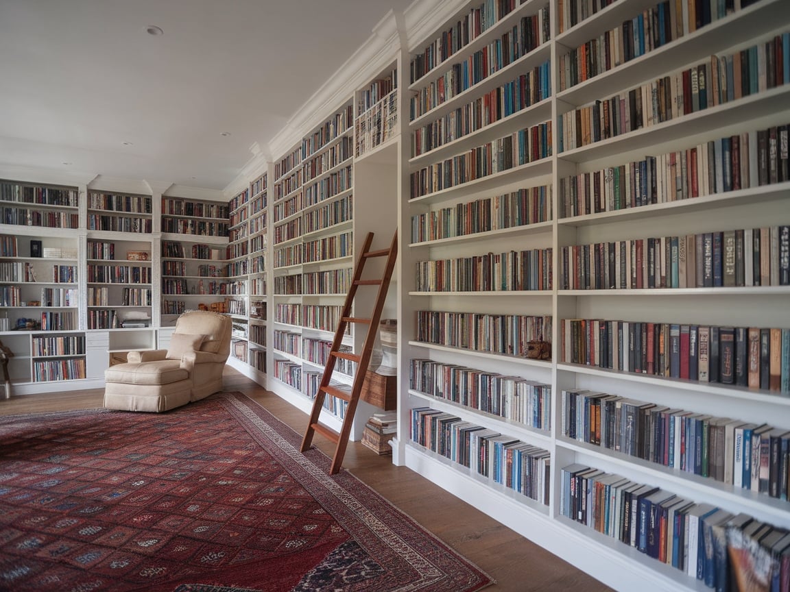 1. Floor-to-Ceiling Library Shelving in the Living Room