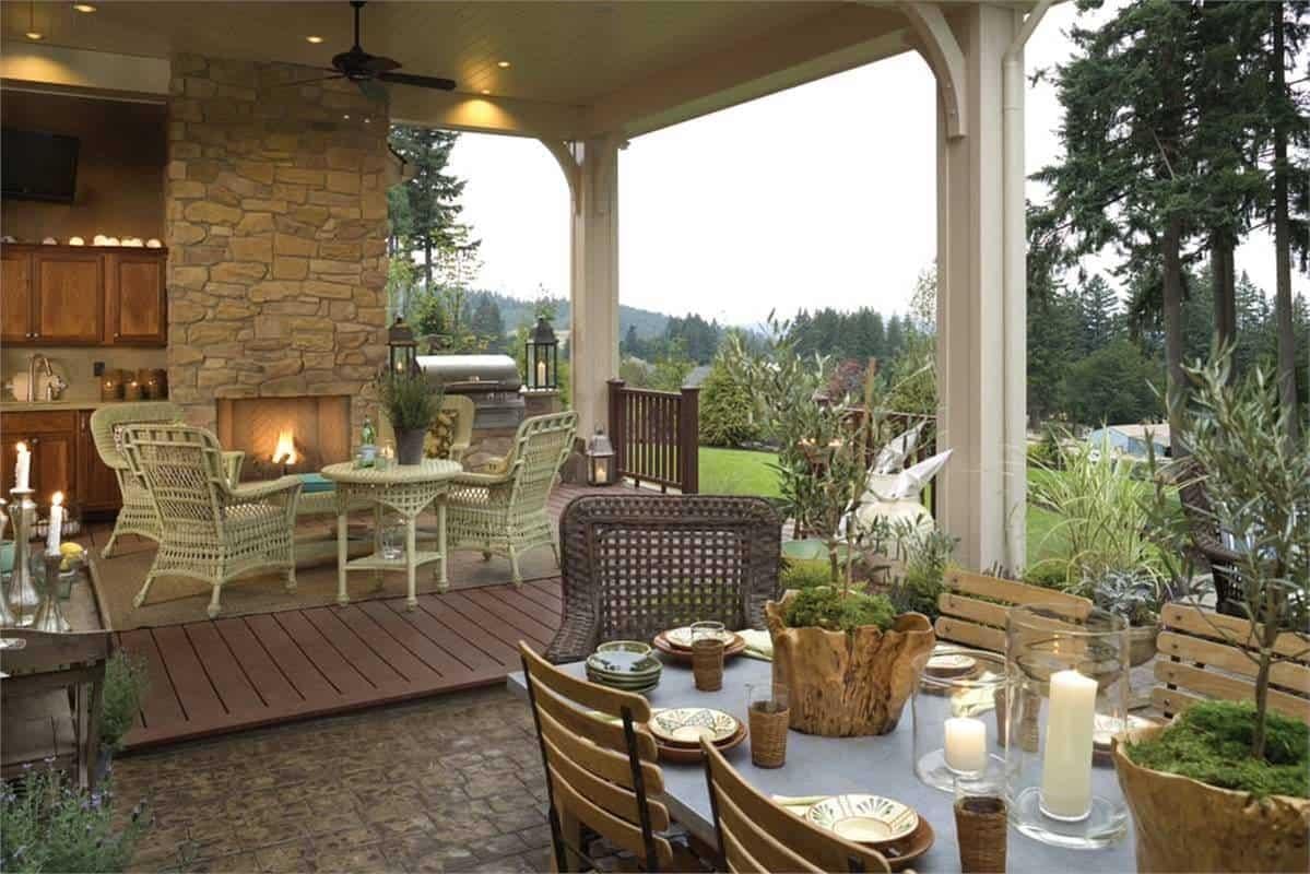 Wow, Check Out This Outdoor Patio with a Stone Fireplace and Stunning Views