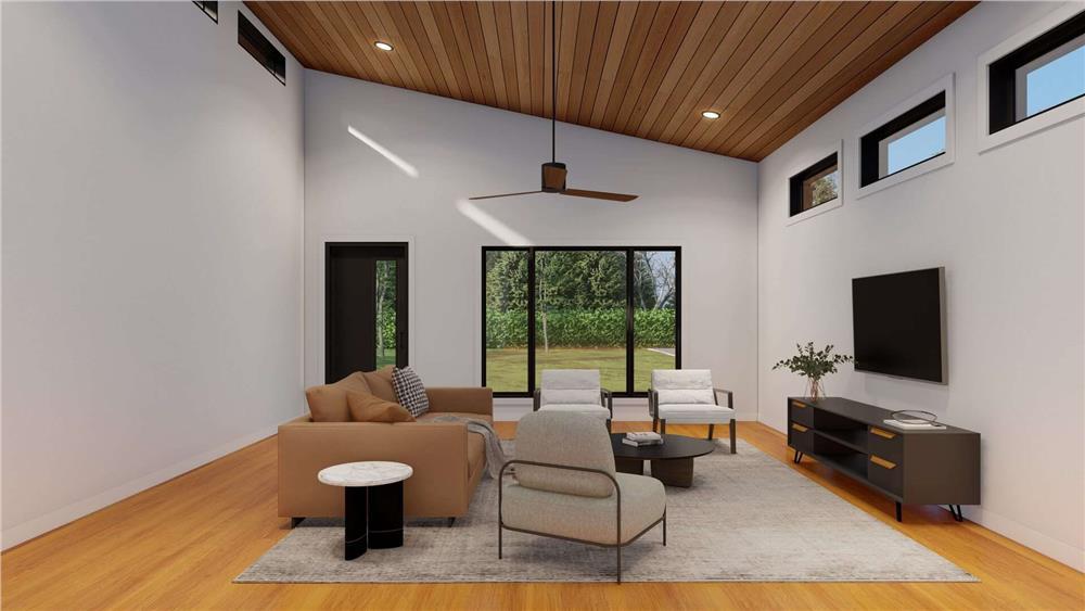 Sleek Living Space with a Dramatic Wood Ceiling and Modern Accents