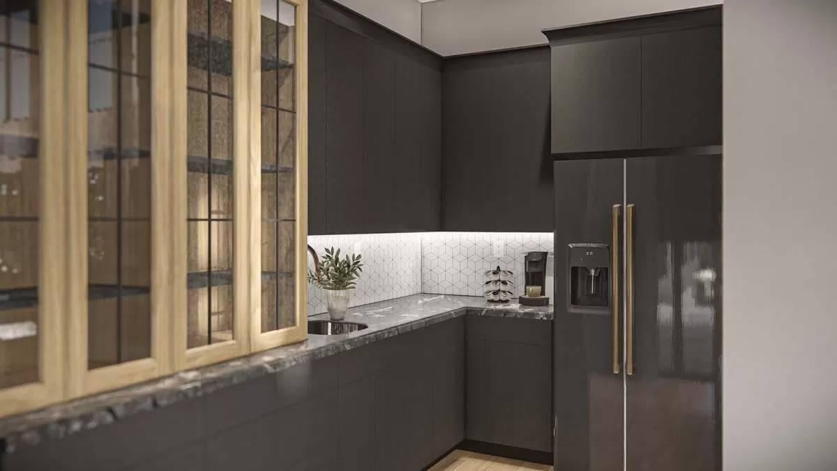 Notice the Honeycomb Backsplash in This Sleek Kitchen Corner