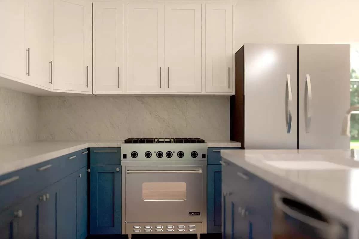 Classic Two-Tone Kitchen with Bold Blue Lower Cabinets