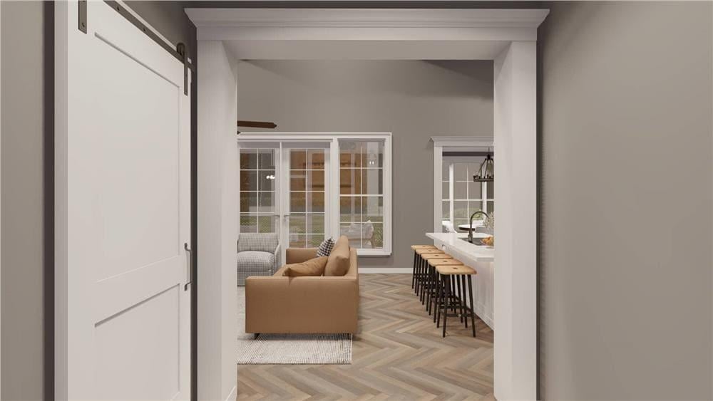 Check Out This Open-Concept Living Area With Warm Wood Tones