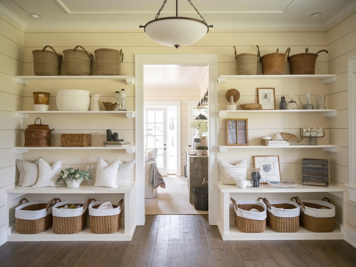 9. Farmhouse Entryway with Open Shelving