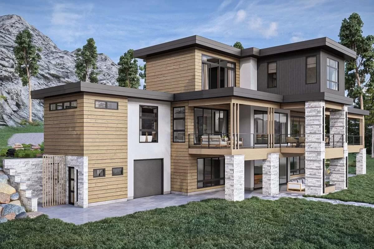Check Out the Blend of Stone Columns and Sleek Wood Paneling on This Stunning Facade