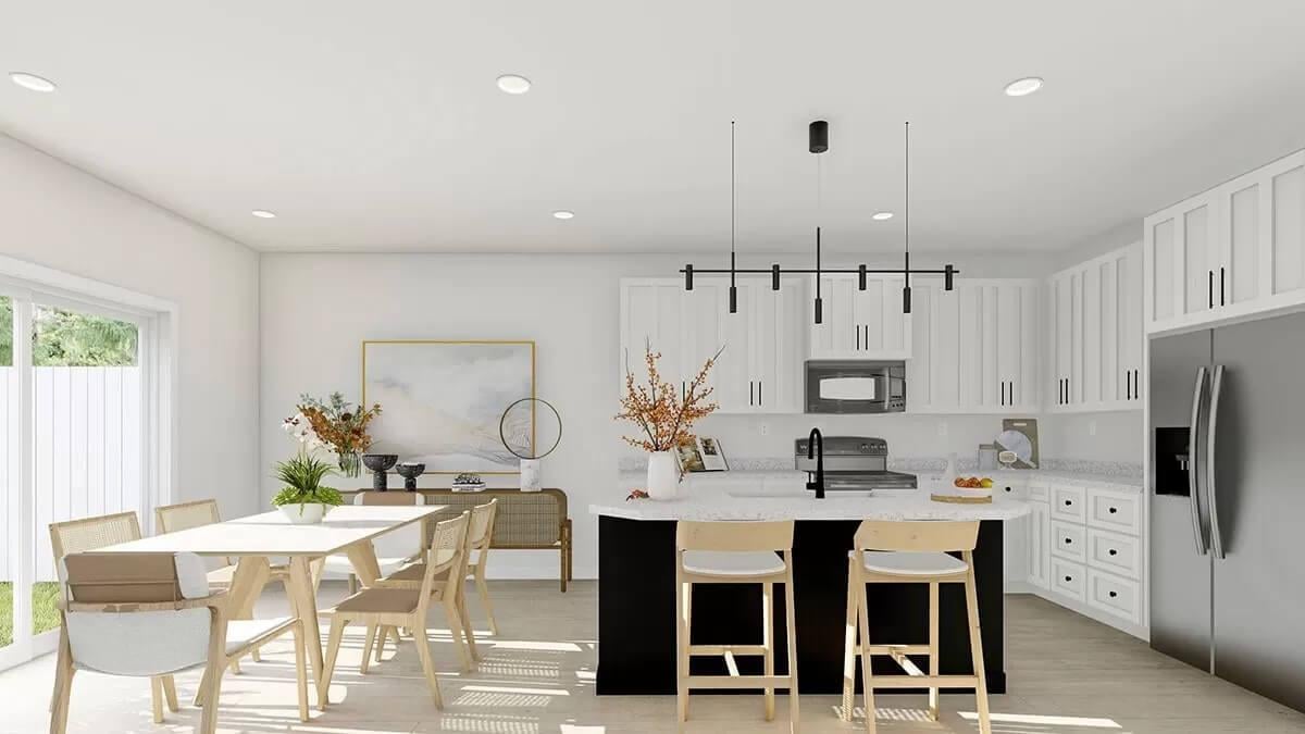 Bright Kitchen and Dining Area with Striking Linear Pendant Lighting