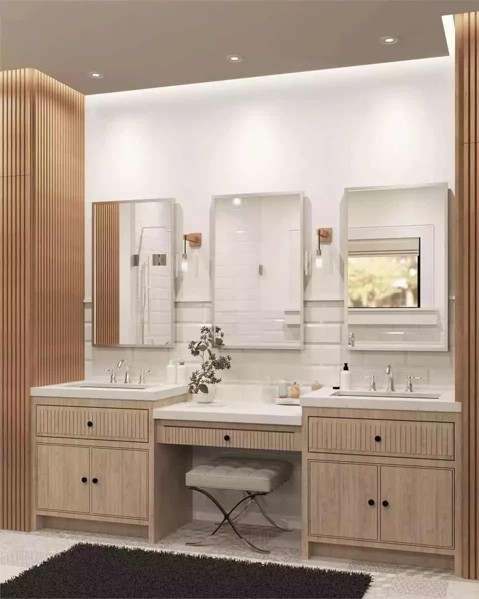 Sophisticated Bathroom Vanity with Integrated Makeup Station—Check Out the Wood Paneling!