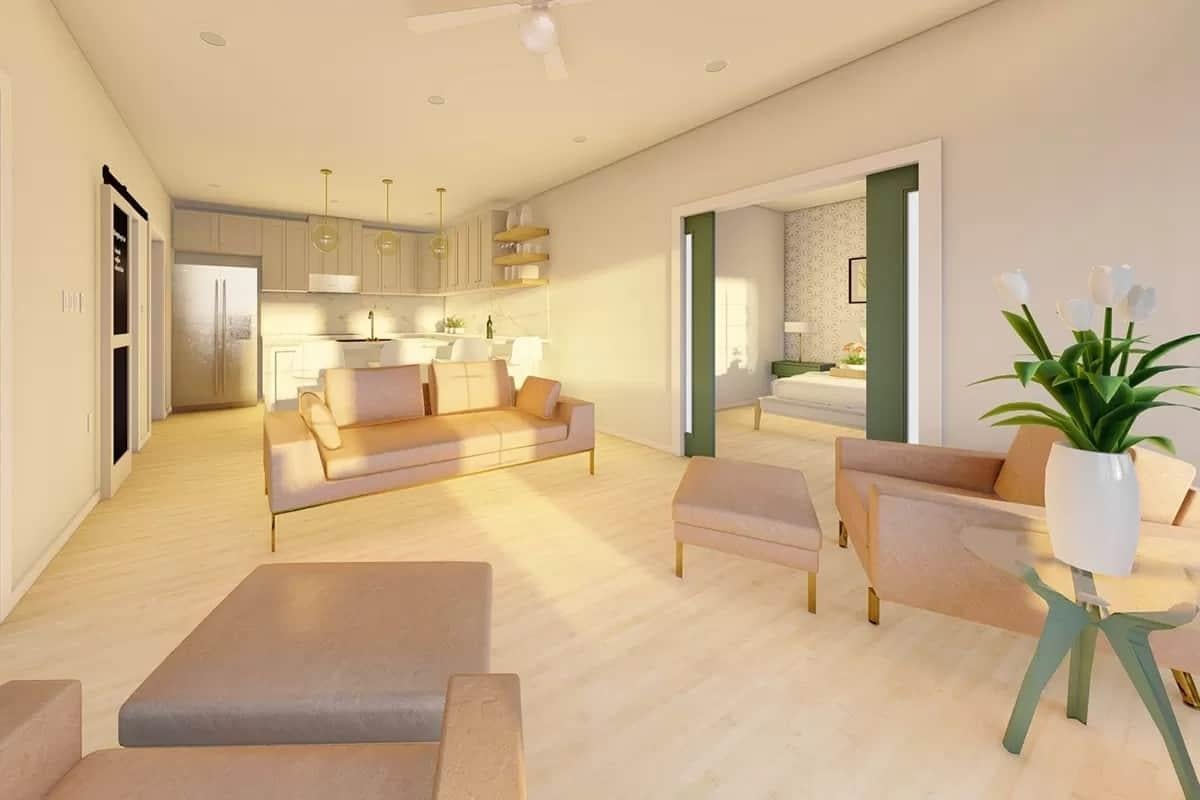 Sunlit Living Room Flowing Into an Elegant Open Kitchen