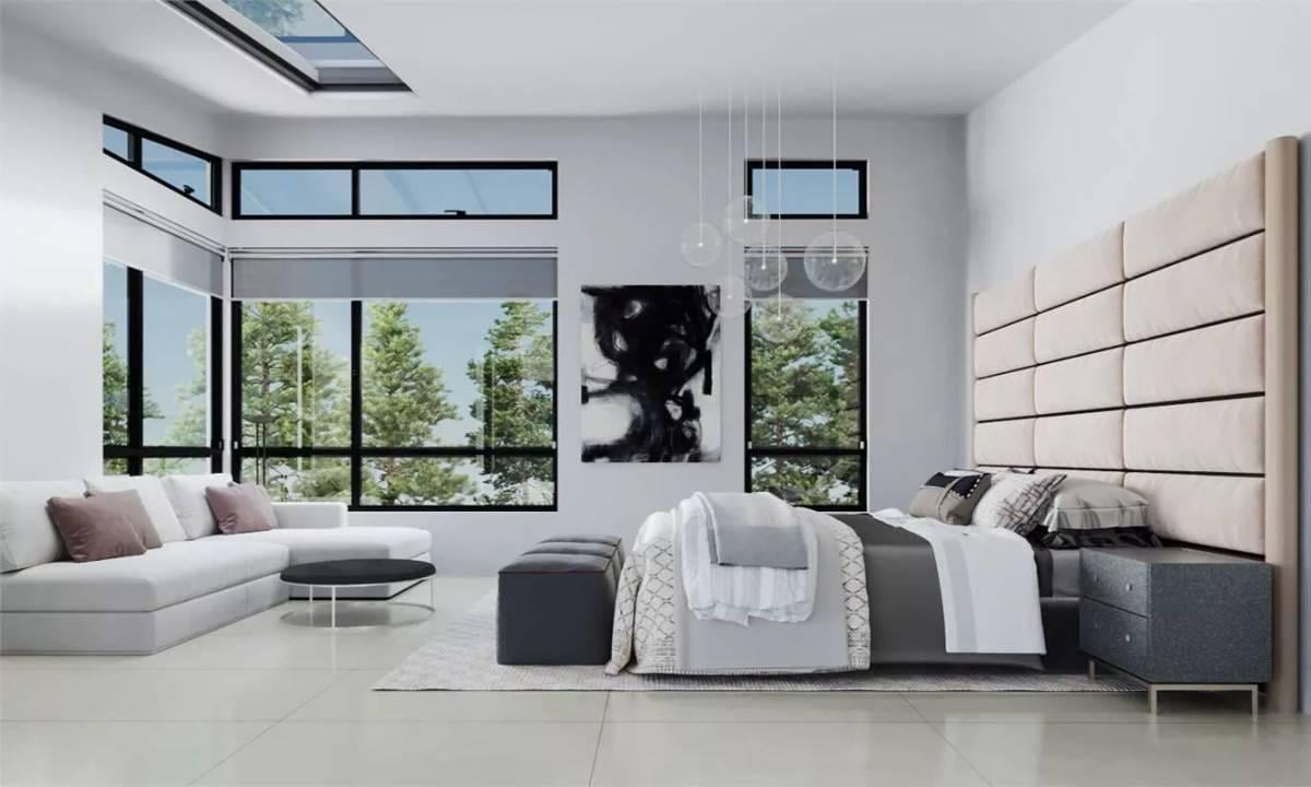 Check Out the Expansive Windows and Padded Headboard in This Modern Bedroom