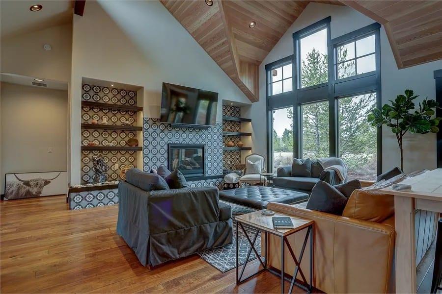 Striking Great Room with Bold Tile Fireplace and Vaulted Ceilings