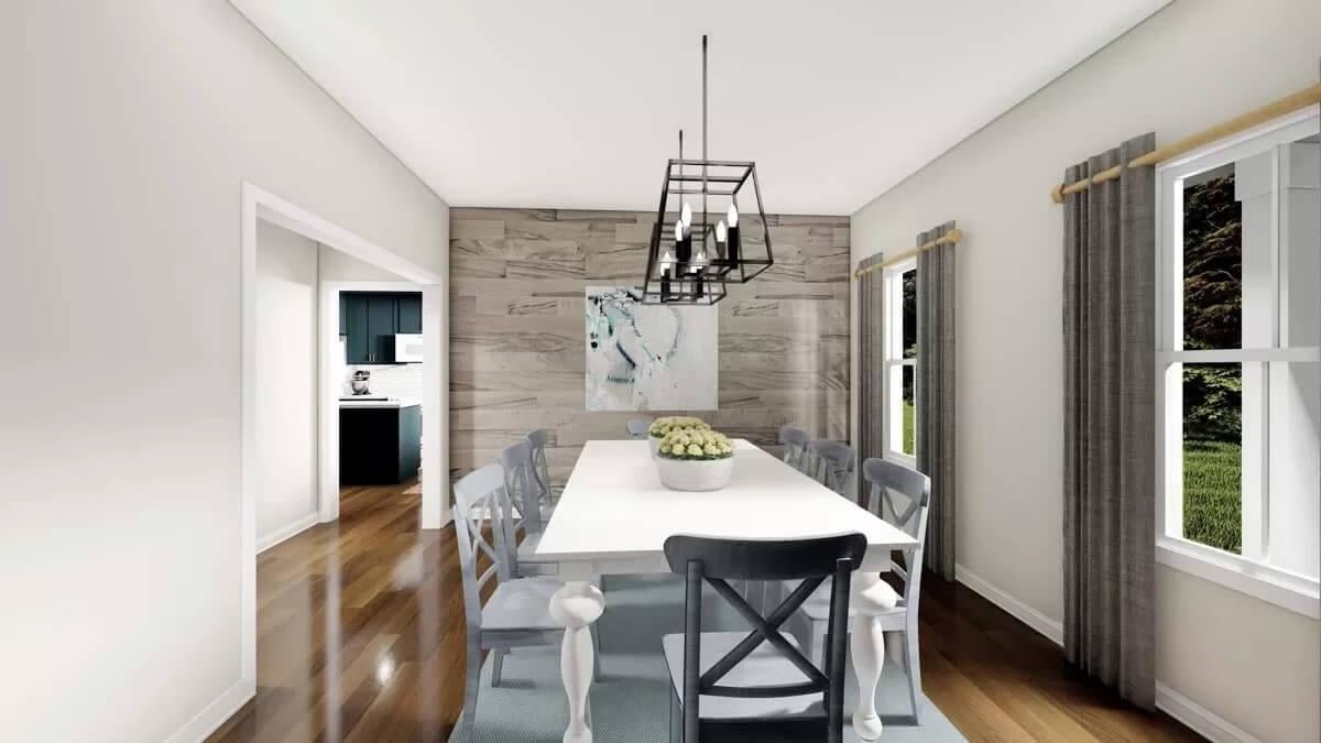 Dining Room with Wood Accent Wall and Modern Chandelier
