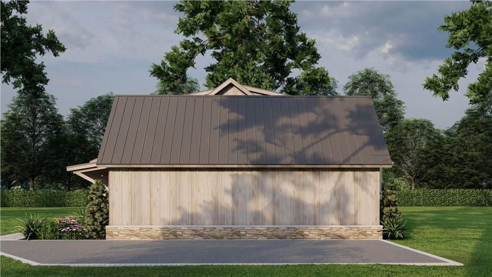 Sleek Side View with Striking Metal Roof and Stone Base