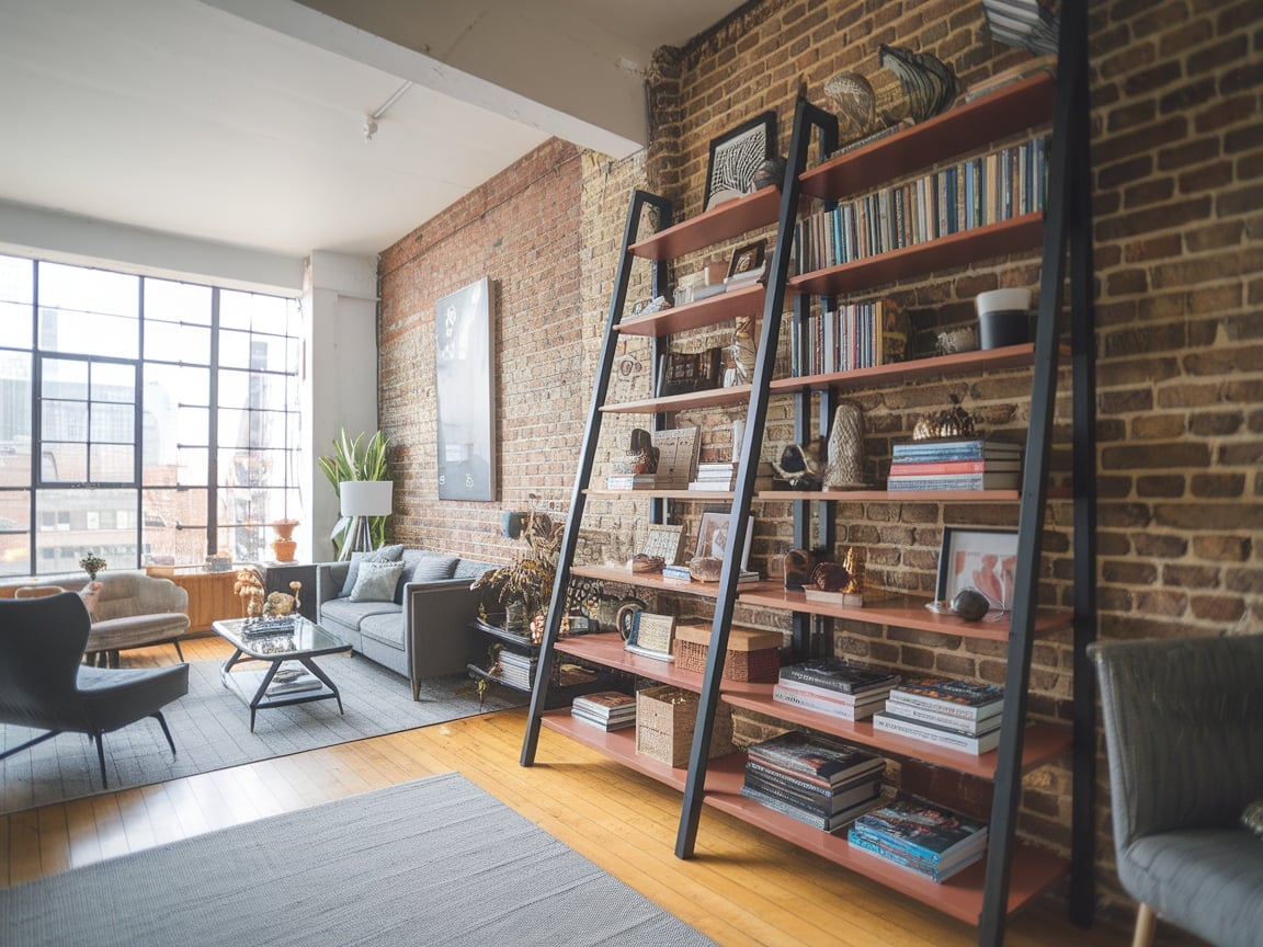 13. Ladder Shelving Units in a Loft Space