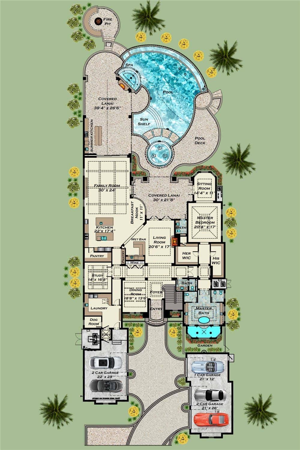 Intricate Floor Plan Highlighting a Luxurious Pool and Spa Area