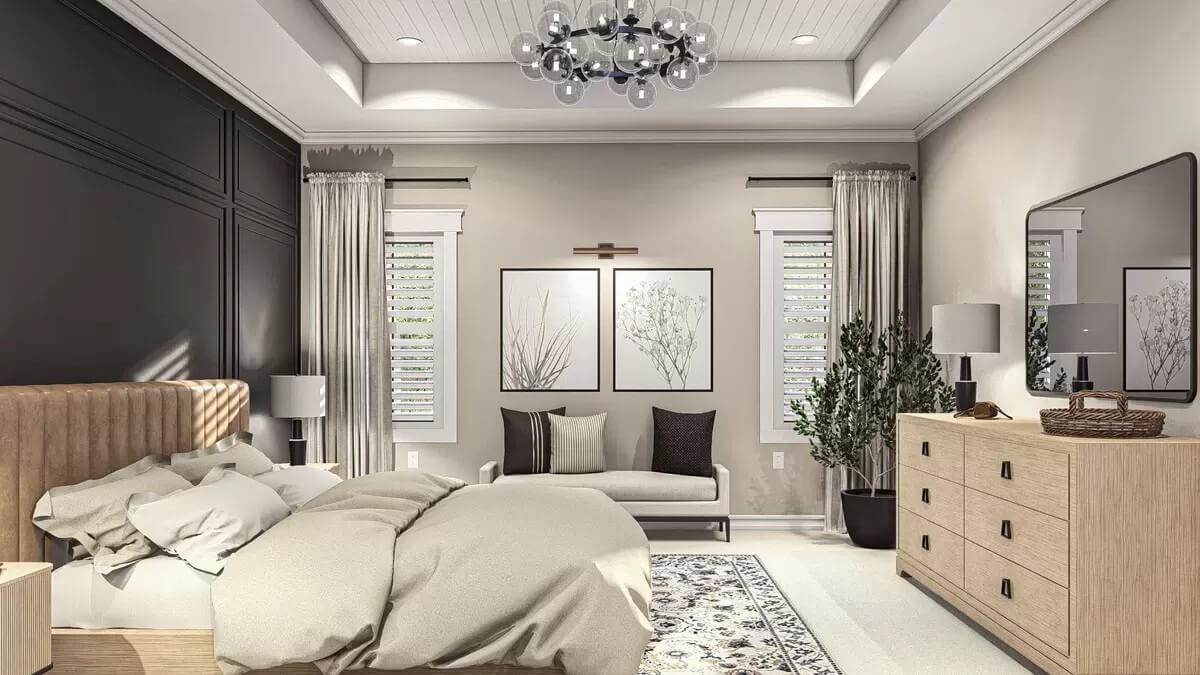 Elegant Bedroom with a Striking Black Accent Wall and Modern Chandelier