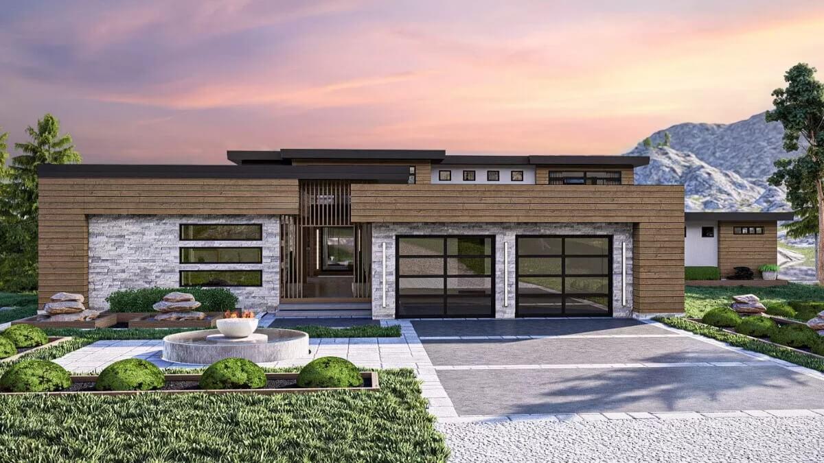 Modern Marvel with a Sleek Garage and Stunning Sunset View