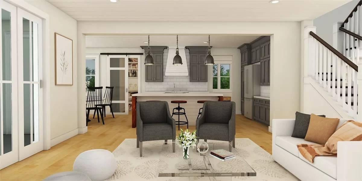 Open-Concept Craftsman Living Room with Sleek Kitchen Views
