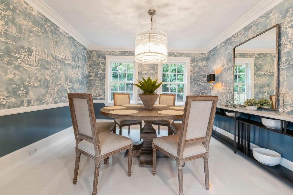 Patterned blue and white wallpaper covers the upper wall above a navy wainscot.
