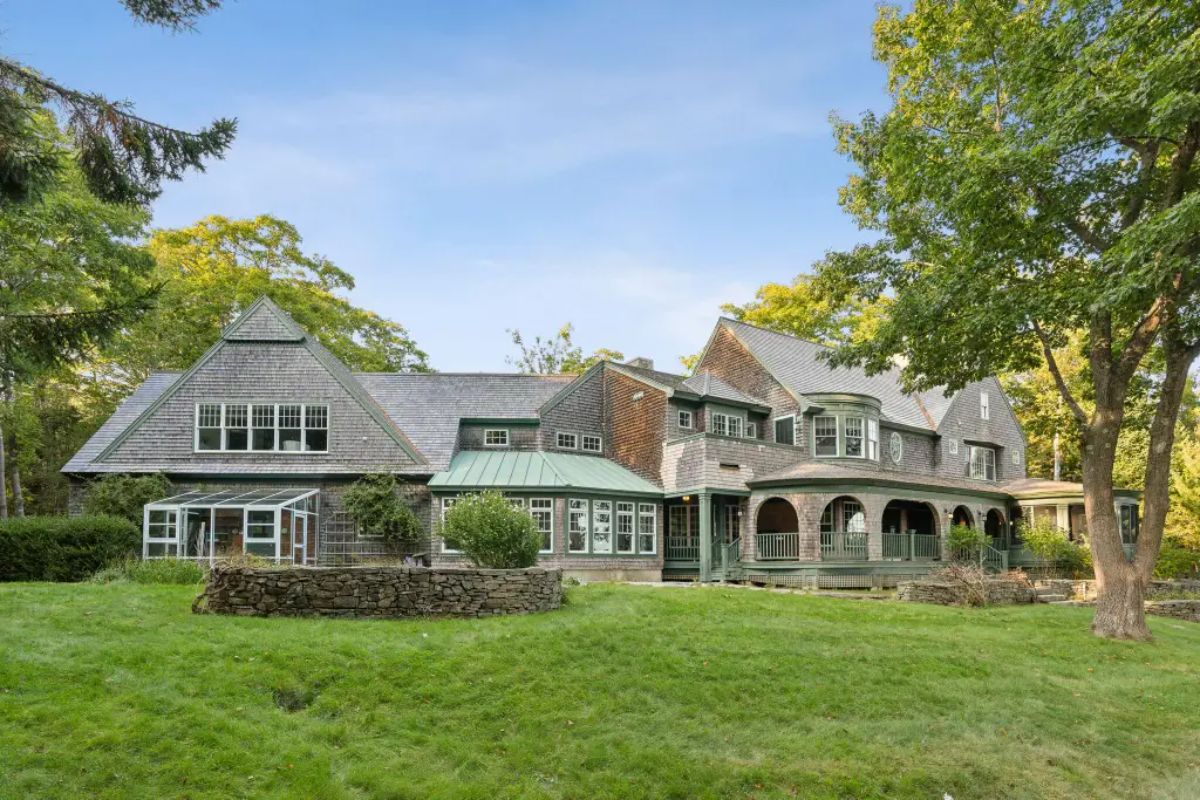 This $6,800,000 estate, built in 1998 and fully renovated in 2021, sits on 3.8 private acres along Spruce Point, offering stunning Casco Bay views.